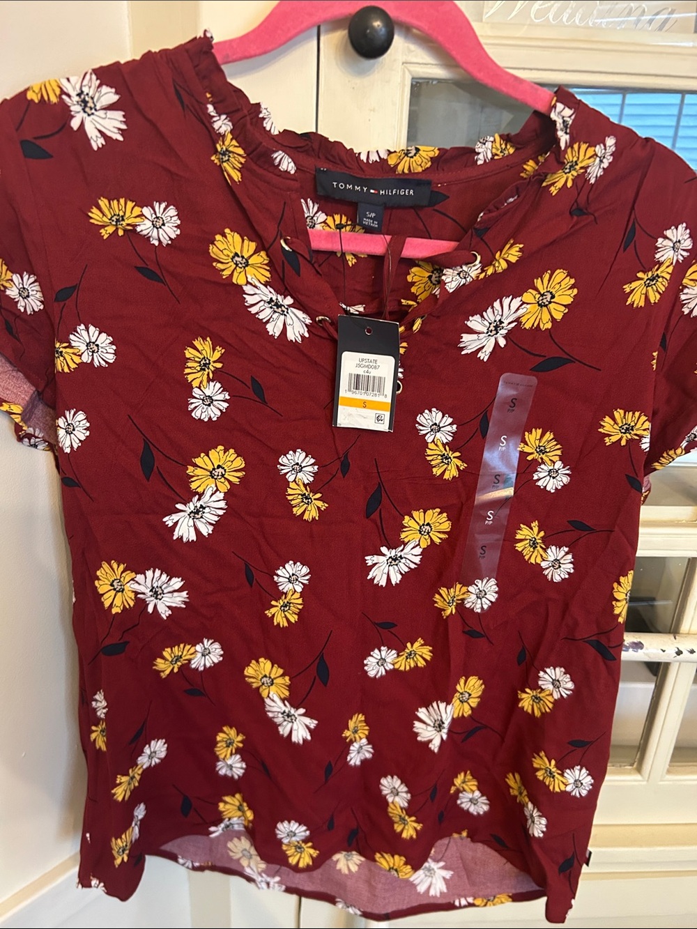 Tommy Hilfiger Burgundy Floral Short-Sleeve Blouse